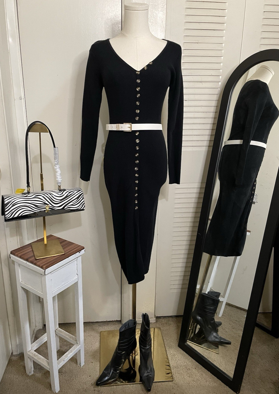 CMZ2005 Black Fitted Bodycon Ribbed High Slit Midi Dress Size XS